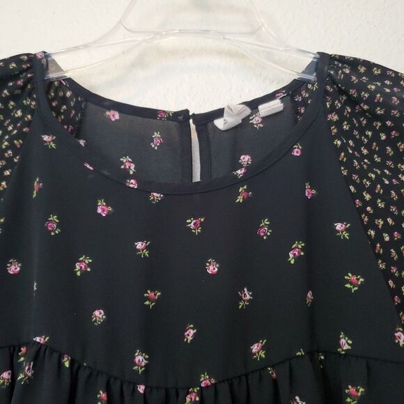 Gap Womens Top Black Pink Floral Short Flutter Sleeve Chiffon Blouse Boho Size L - Picture 4 of 16